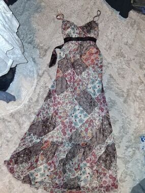 Alyn Paige Patchwork Floral Maxi Dress with Brown Waist Tie